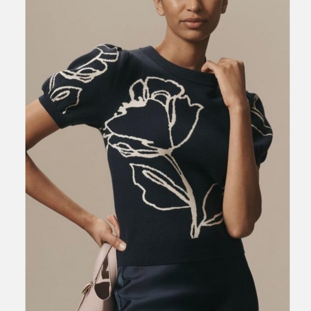 Anthropologie The Maxine Puff-Sleeve Sweater Navy Blue Floral Top XL Like new
